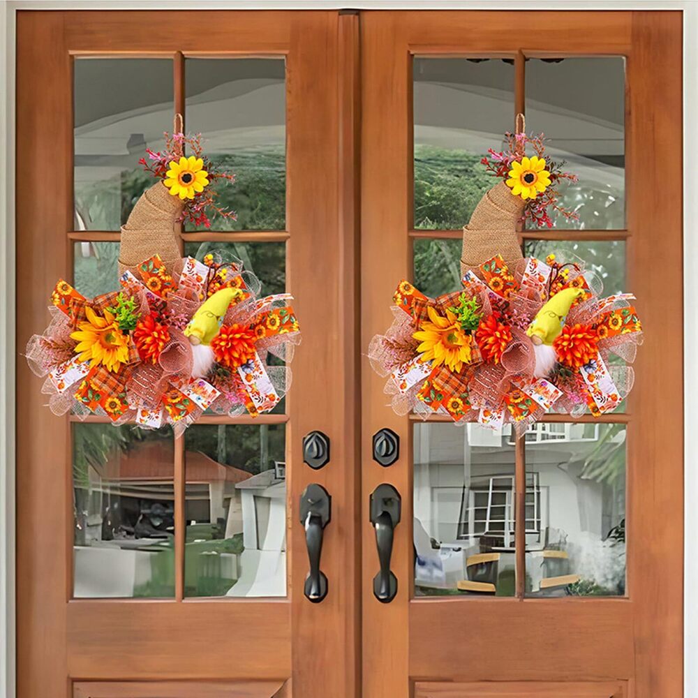 3207 Fall Wreath with Sunflower Cute Doll Fall Wreath for Front Door Burlap